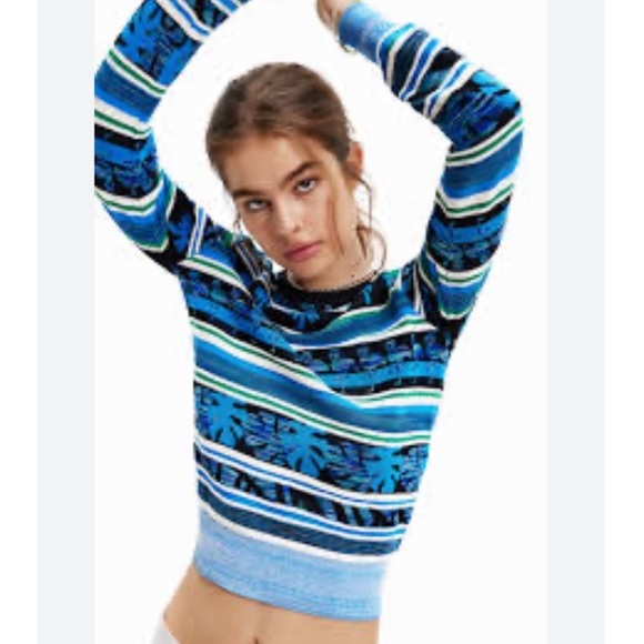 Desigual Tropical Border Flamingo Floridian Blue Black Knit Sweater Size Medium